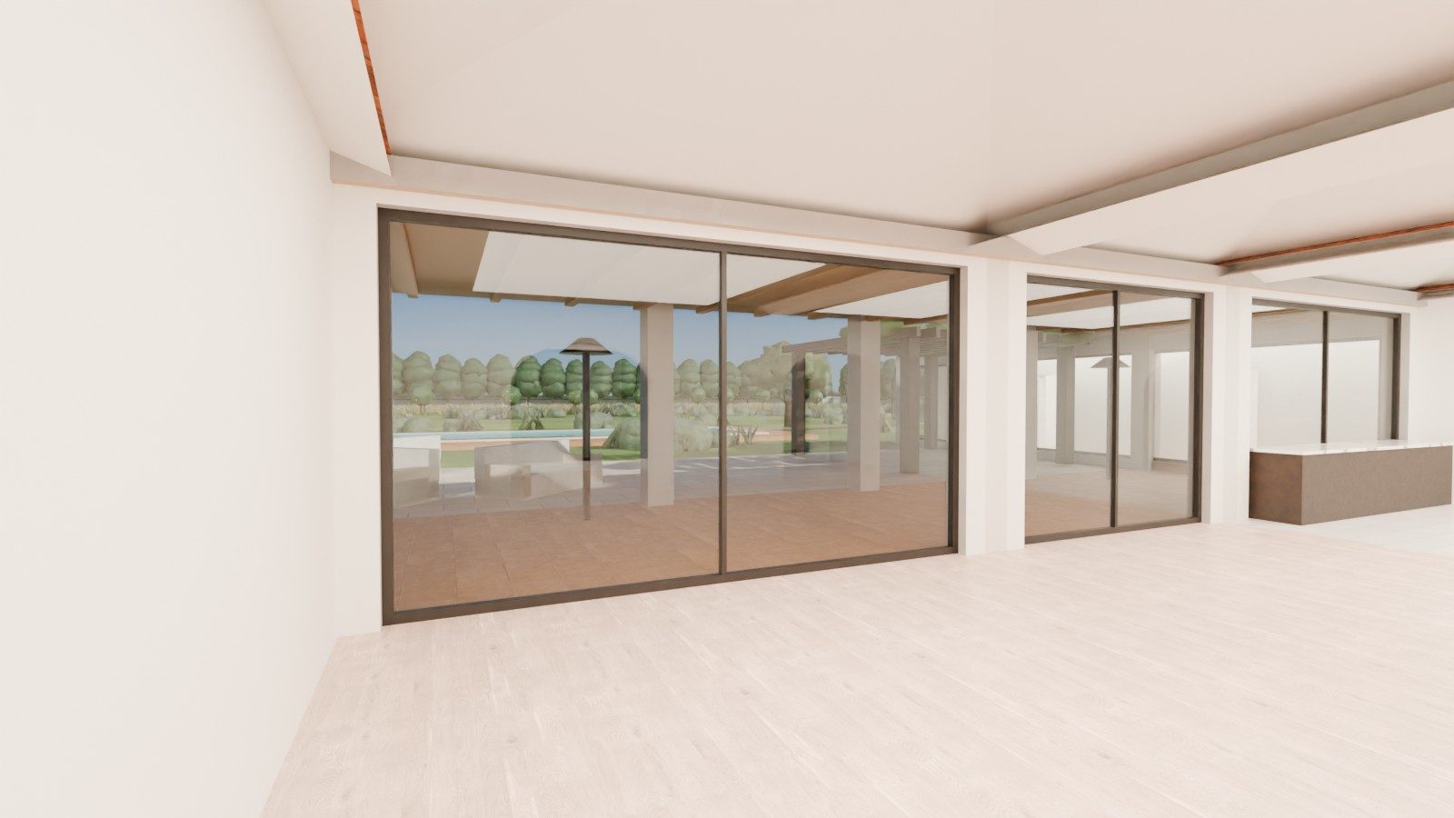 Original photo: an empty living room with glass doors to the terrace