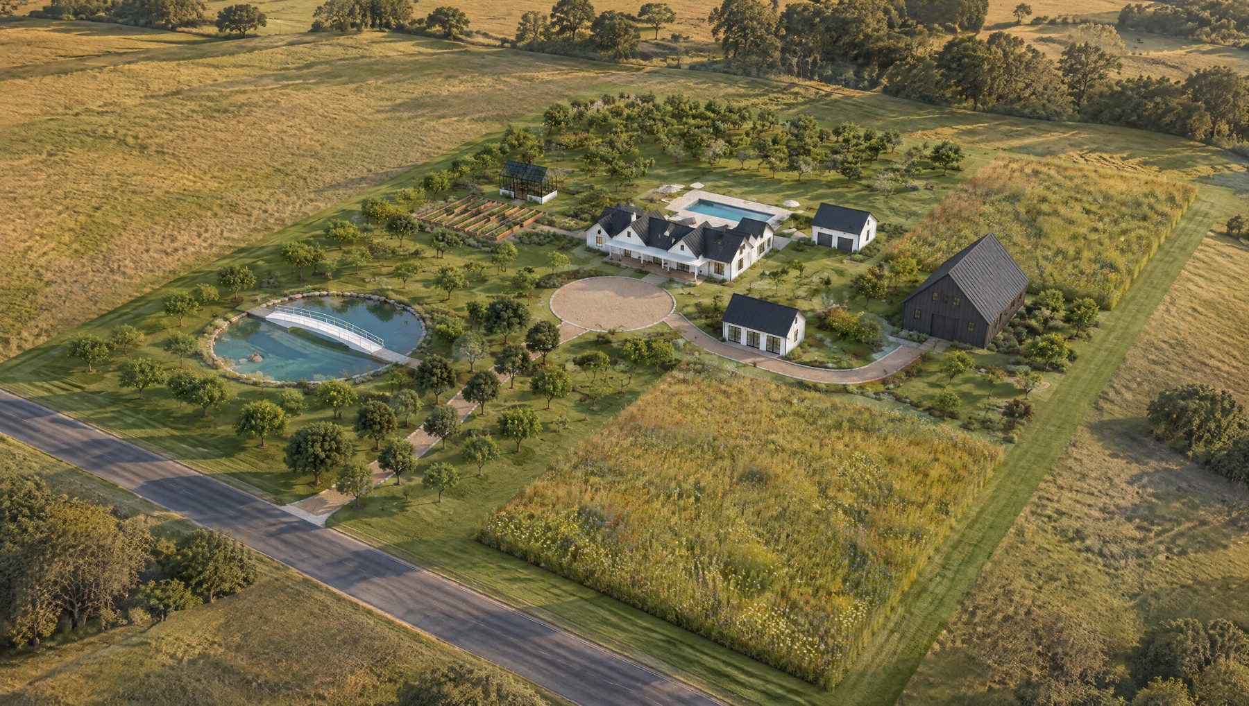 Aerial, photo-real concept image of the whole estate