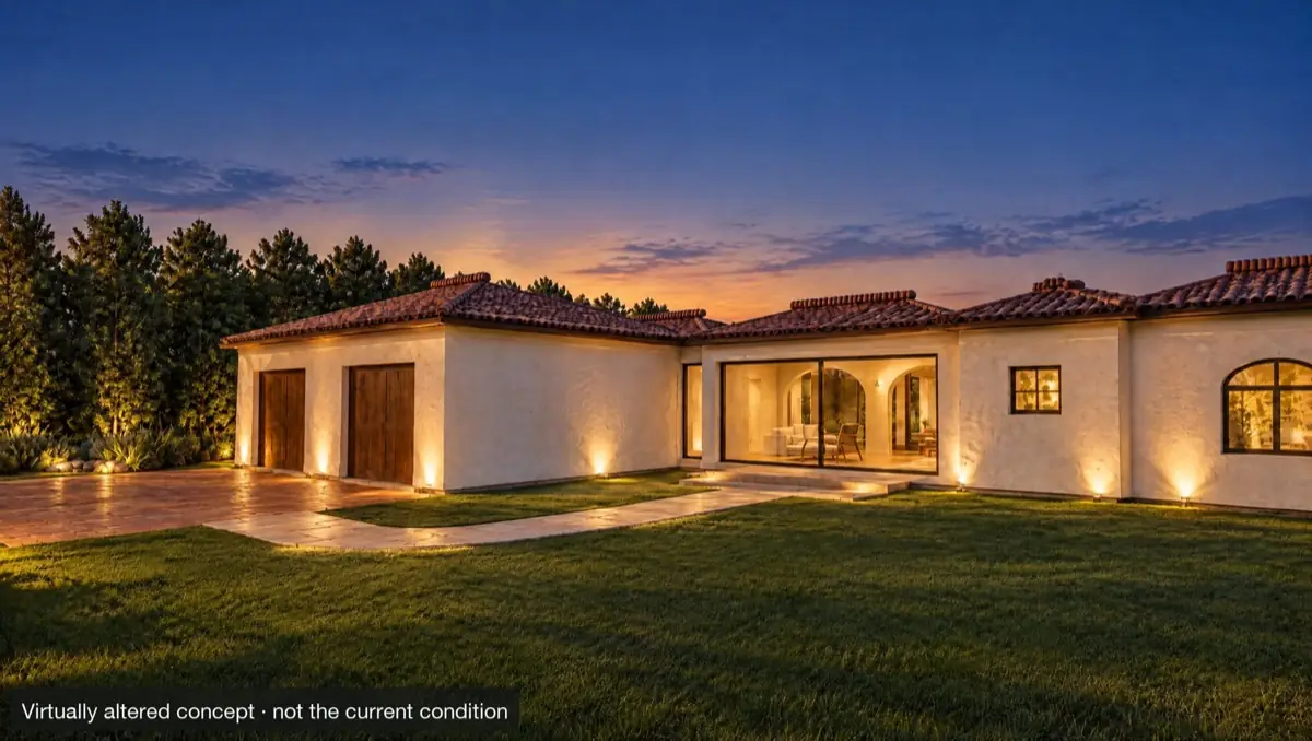 The same villa as a twilight concept with warm windows, labelled as virtually altered